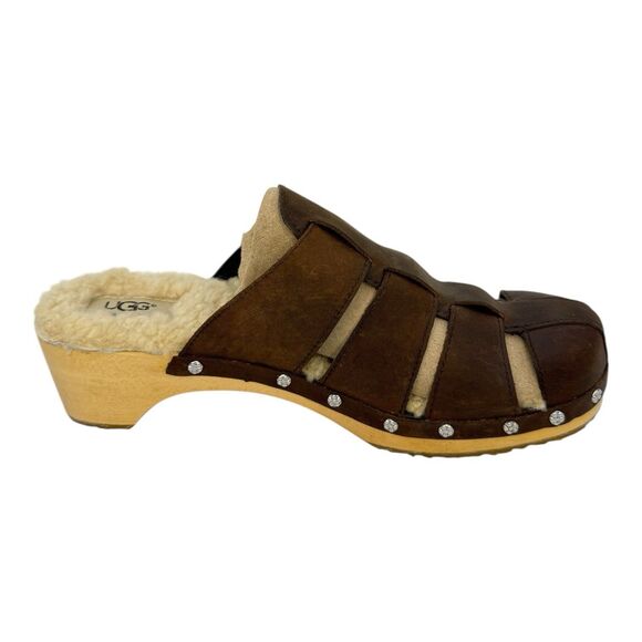 UGG Womens CLOGS Sandals Ore Brown Leather 1675 WOODEN shearling Slip on Size 10 - Picture 2 of 8